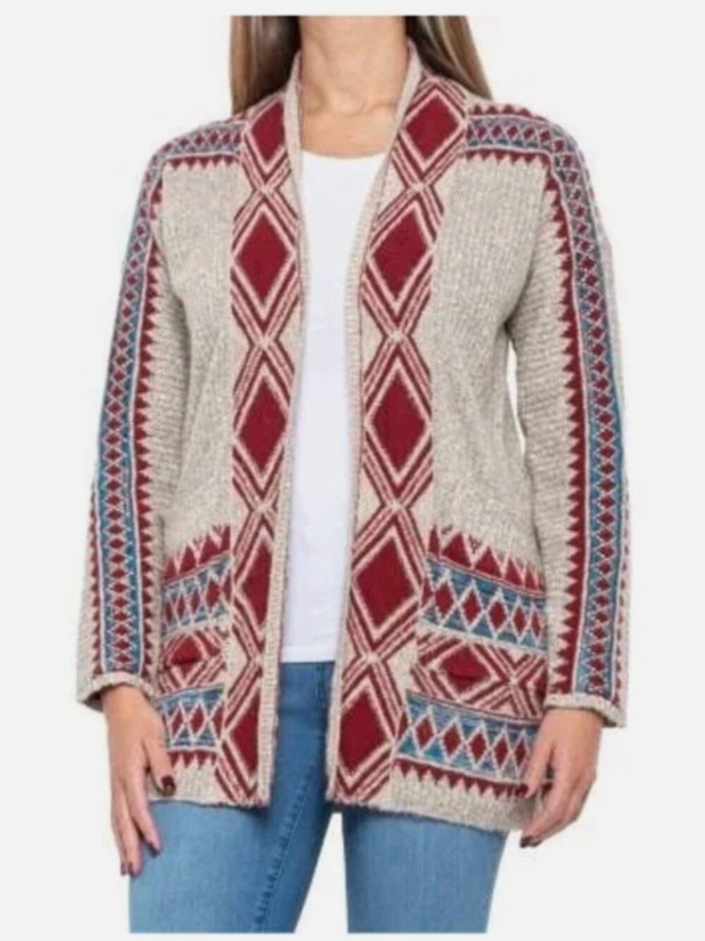 Lucky Brand Long Cardigan Womens M Aztec Knit Open Front Boho Pockets Cottage